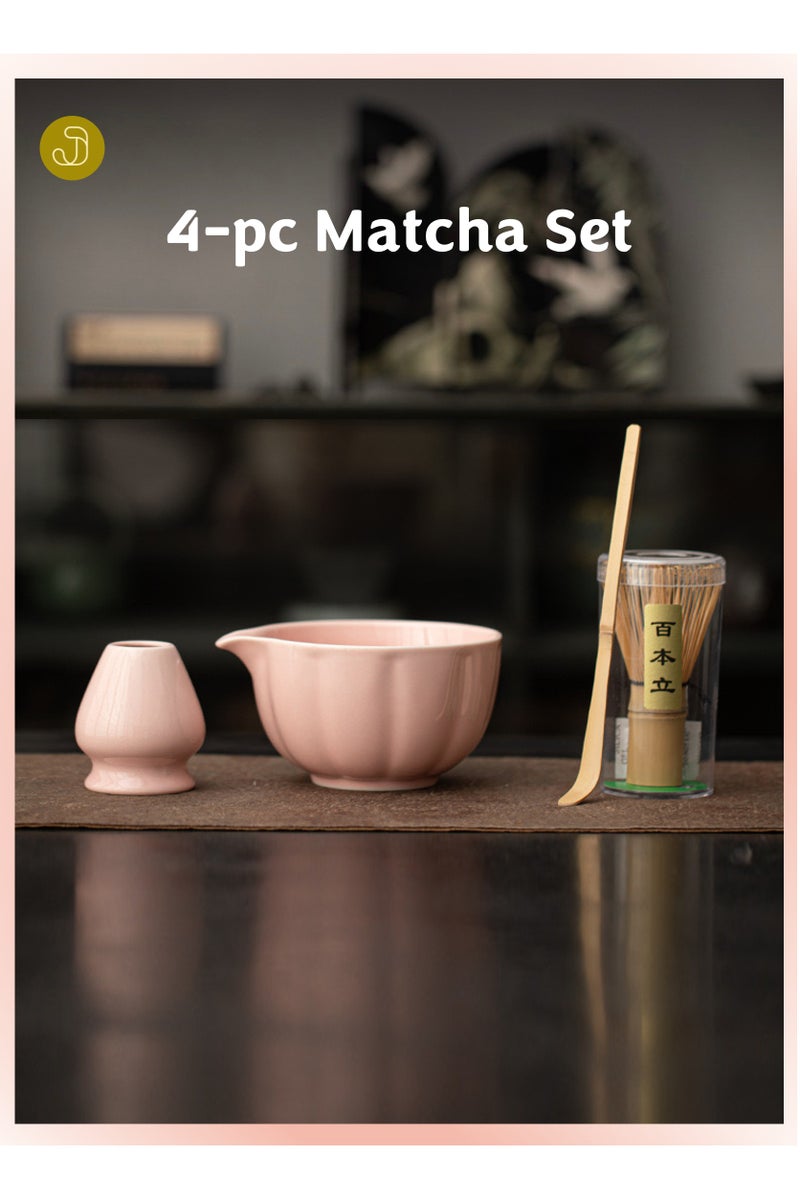 JOYYE 4-piece Japanese Matcha Set, Ceramic Matcha Bowl with pouring spout+Whisk Holder+Bamboo Whisk+Spoon,for Traditional Tea Ceremony-Coarse Ceramic Perfect Handmade Matcha Kit to Prepare Traditional Matcha Tea, 100% Natural Matcha Gift Kit (Pink) - Image 1