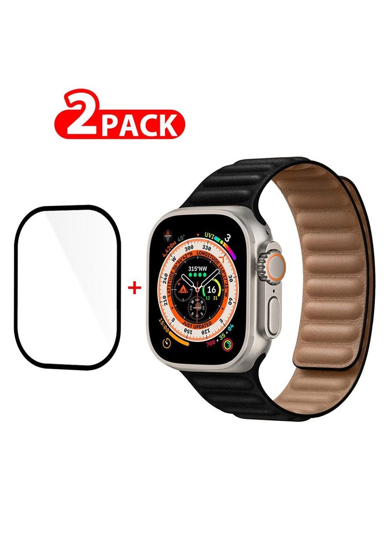 CATANES 2 Packs For Apple Watch Band 49mm Leather Link Strap Magnetic Loop Bracelet and 3D Screen Protector Black  - Image 1