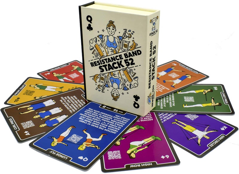 Stack 52 Resistance Band Exercise Cards. Exercise Band Workout Playing Card Game. Video Instructions Included. Home Fitness Training Program for Elastic Rubber Stretch Band Sets. (Updated Deck) - Image 1