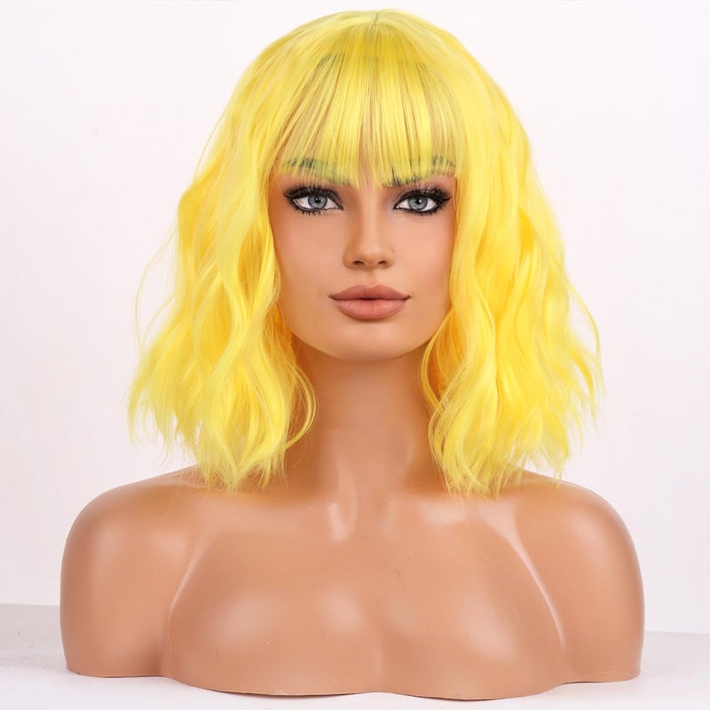 BERON Yellow Wig for Women Short Curly Wig with Bangs Girls Yellow Colorful Wavy Hair Wigs 12 Womens Synthetic Wigs Daily or Cosplay Used