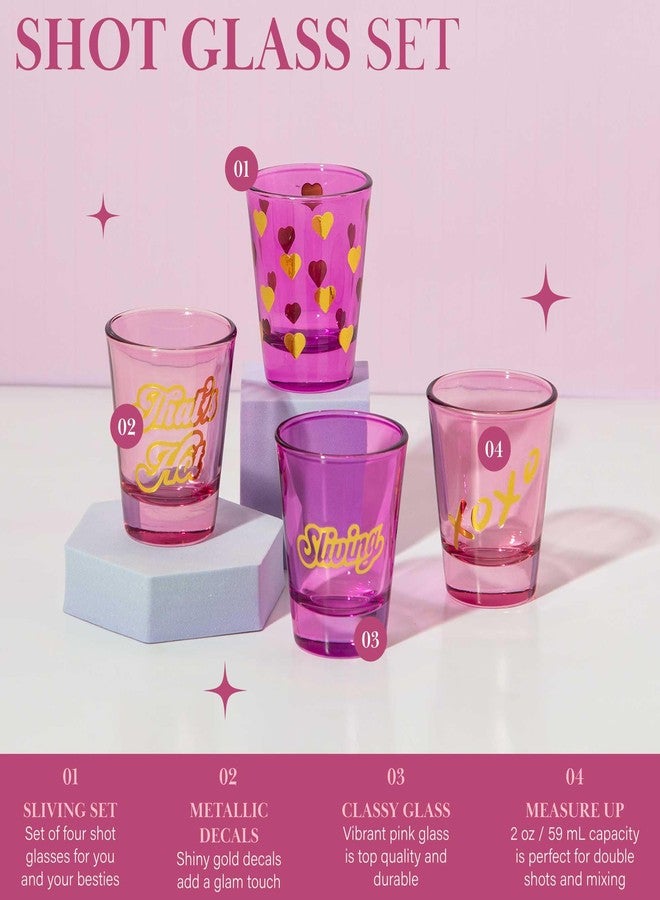 Paris Hilton 4-Piece Shot Glass Set, Fun Decals on Every Glass, 2-Ounce, Hot Pink and Light Pink - Image 2