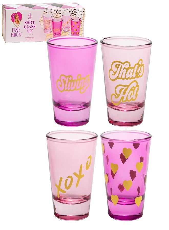Paris Hilton 4-Piece Shot Glass Set, Fun Decals on Every Glass, 2-Ounce, Hot Pink and Light Pink - Image 1