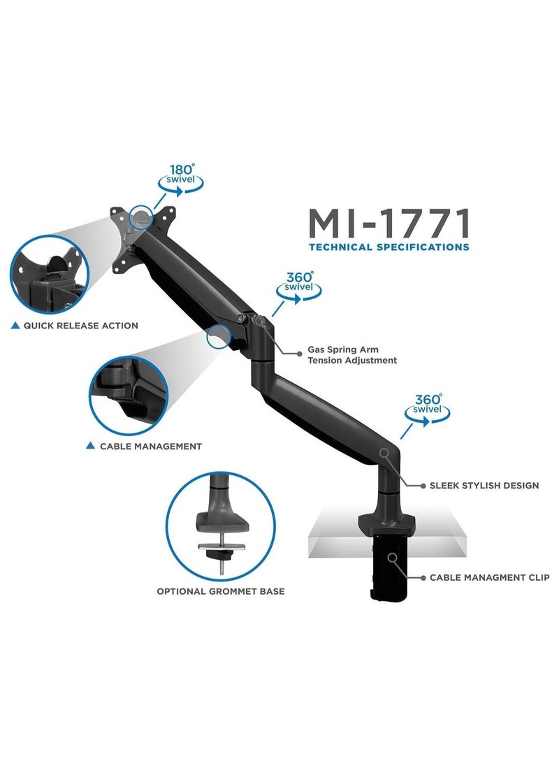 Single Monitor Arm Desk Mount | Gas Spring Monitor Arm | Full Motion Articulating Height Adjustable | Fits 21 22 23 24 27 30 32 Inch VESA Compatible Computer Screen - Image 2