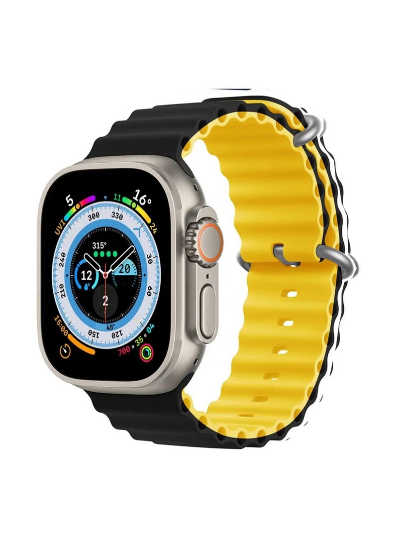 Ocean Silicone Rubber Watch Band Strap for Apple Watch Ultra 44mm/45mm/49mm Dual Colored Black/Yellow - Image 1