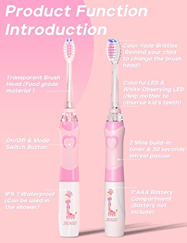 SEAGO Kids Electric Toothbrush with 2 Mins Timer and 4 Replacement Bursh Heads, Rainbow LED Light Make Brushing Fun, Pink Color Girls Battery Powerd for 4-12 Years Old，SG-977 - Image 5