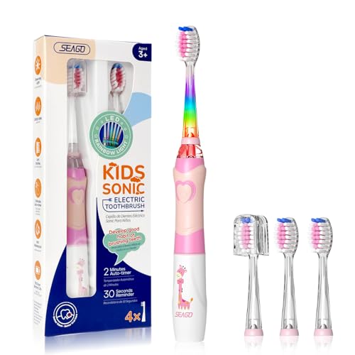 SEAGO Kids Electric Toothbrush with 2 Mins Timer and 4 Replacement Bursh Heads, Rainbow LED Light Make Brushing Fun, Pink Color Girls Battery Powerd for 4-12 Years Old，SG-977 - Image 4