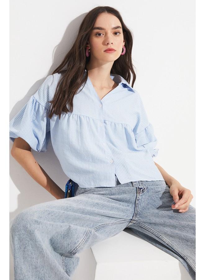 JUNE June Women V Neck Potikare Patterned Shirt Baby Blue - Image 1