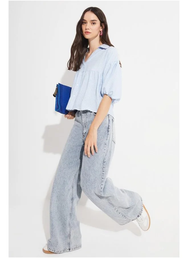 JUNE June Women V Neck Potikare Patterned Shirt Baby Blue