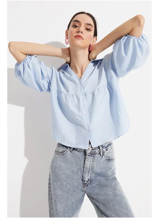 JUNE June Women V Neck Potikare Patterned Shirt Baby Blue