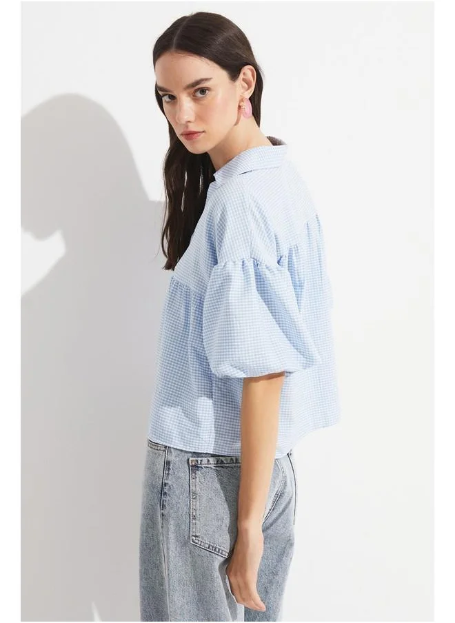 JUNE June Women V Neck Potikare Patterned Shirt Baby Blue