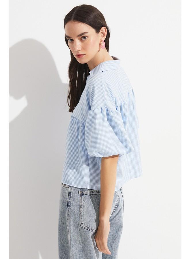 JUNE June Women V Neck Potikare Patterned Shirt Baby Blue - Image 4
