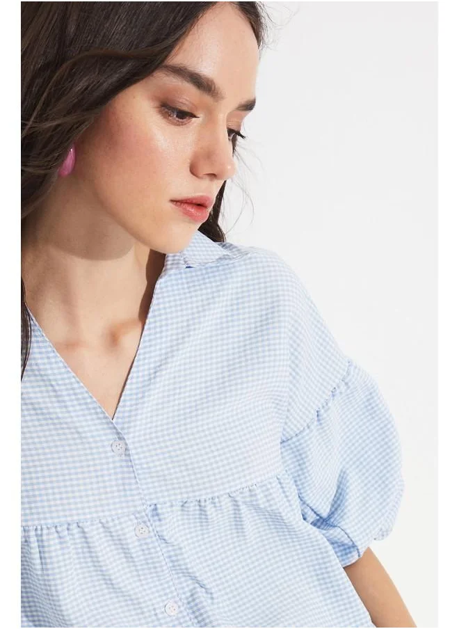 جون June Women V Neck Potikare Patterned Shirt Baby Blue