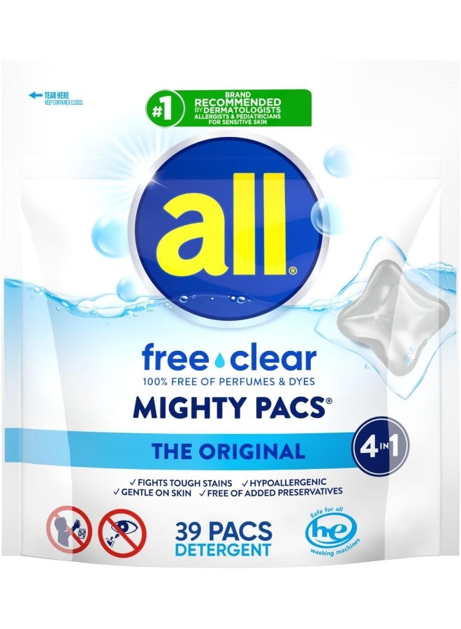 All Mighty Pacs Laundry Detergent Free Clear for Sensitive Skin, Pouch, 39 Count - Image 1