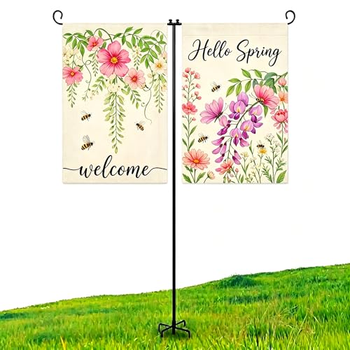 ESTTOP Heavy Duty Garden Flag Holder Stand Metal Iron Stand with 5 Prong Base for Double Flags Suitable for Outside or Garden Patio Yard Decor - Image 1