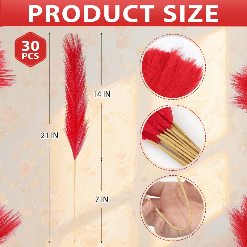 JOLYEAK 30pcs Pampas Grass Decor,21" Artificial Pompous Grass Bulk,Small Vase Filler Pompas Grass for Home Wedding Living Room Wall Party Decoration (Red) - Image 2