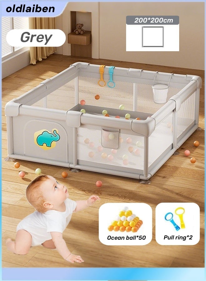 الدليبن حظيرة لعب قابلة للطي للأطفال، سياج أمان داخلي للزحف للأطفال، ساحة لعب للأطفال الرضع والأطفال الصغار، مركز أنشطة للأطفال الرضع داخل المنزل وخارجه مع 50 قطعة من كرات المحيط، حلقتي سحب لليدين، قاعدة مضادة للانزلاق، شبكة ناعمة وجيدة التهوية، 200 × 200 سم (رمادي) - Image 1