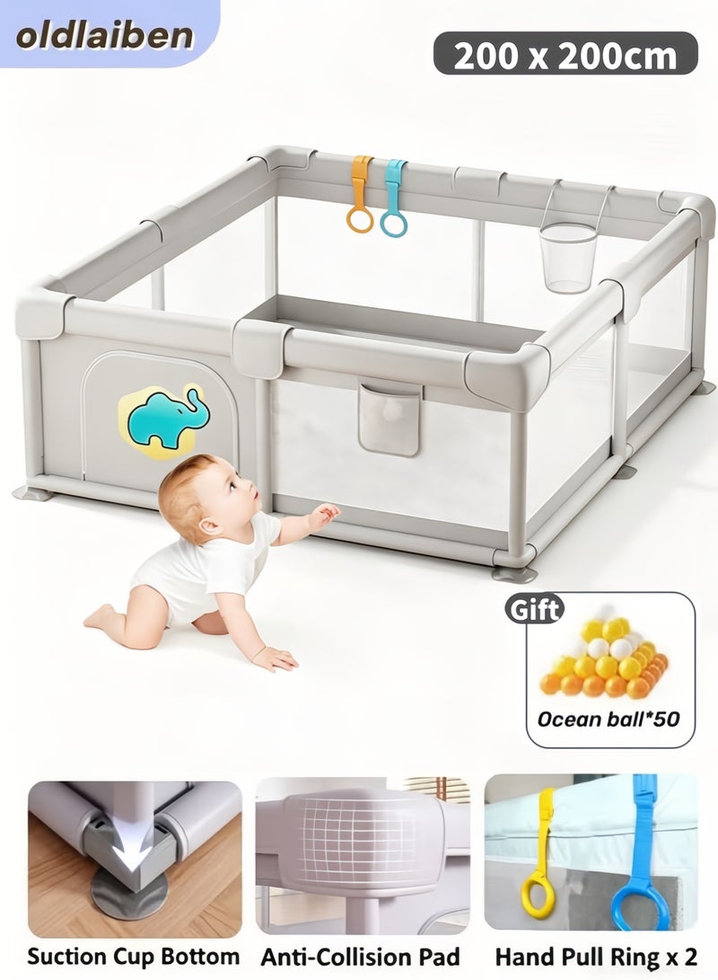 oldlaiben Baby Playpen, 200 x 200cm Foldable Baby Gate Playpen Baby Playard Crawling Safety Fence Toddler Active Center Game Fence Playground with Gate with 50Pcs Ocean Balls, 2 Hand Pull Ring, Anti-Slip Base (Grey) - Image 1