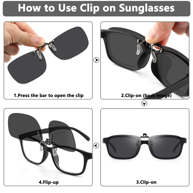 CAXMAN Polarized Clip On Sunglasses Over Prescription Glasses or Reading Glasses for Men Women Flip Up Rimless Rectangle Lens Cover Eyeglasses, Grey Lens, 60 * 42mm - Image 4