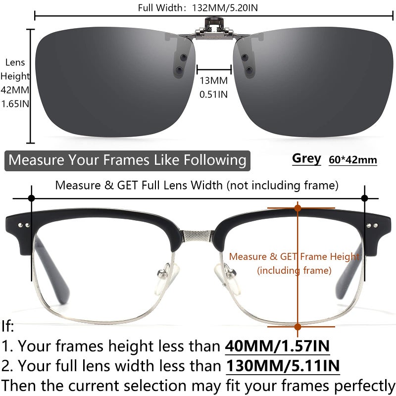 CAXMAN Polarized Clip On Sunglasses Over Prescription Glasses or Reading Glasses for Men Women Flip Up Rimless Rectangle Lens Cover Eyeglasses, Grey Lens, 60 * 42mm - Image 3
