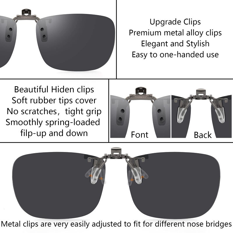CAXMAN Polarized Clip On Sunglasses Over Prescription Glasses or Reading Glasses for Men Women Flip Up Rimless Rectangle Lens Cover Eyeglasses, Grey Lens, 60 * 42mm - Image 2