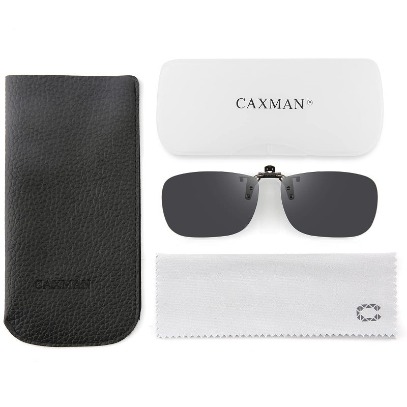 CAXMAN Polarized Clip On Sunglasses Over Prescription Glasses or Reading Glasses for Men Women Flip Up Rimless Rectangle Lens Cover Eyeglasses, Grey Lens, 60 * 42mm - Image 5