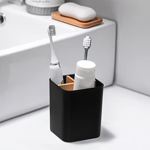 Heagoale Bamboo Toothbrush Holder for Bathrooms, 3 Slots Toothbrush and Toothpaste Holder Bathroom Counter Organizer for Electric Toothbrushes, Floss, Razors - Black - Image 3