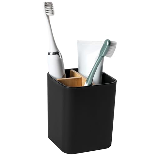 Heagoale Bamboo Toothbrush Holder for Bathrooms, 3 Slots Toothbrush and Toothpaste Holder Bathroom Counter Organizer for Electric Toothbrushes, Floss, Razors - Black - Image 1