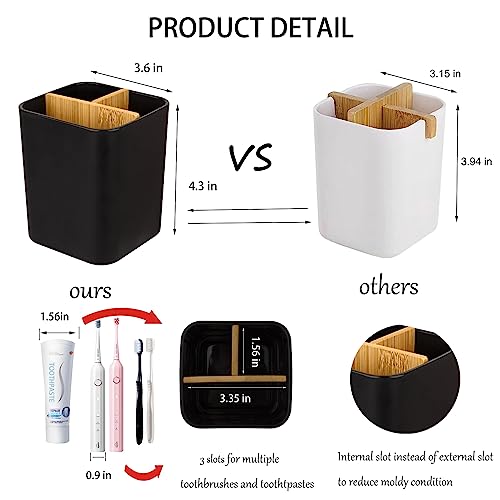 Heagoale Bamboo Toothbrush Holder for Bathrooms, 3 Slots Toothbrush and Toothpaste Holder Bathroom Counter Organizer for Electric Toothbrushes, Floss, Razors - Black - Image 2