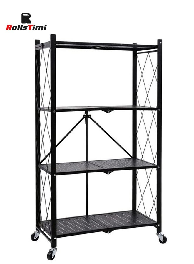 RollsTimi  Black Kitchen Storage Shelf, Folding Rolling Trolley, Living Room Bedroom and Bathroom Organizer Shelf/4 Layers - Image 1