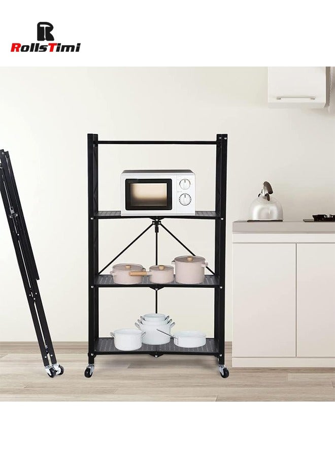 RollsTimi  Black Kitchen Storage Shelf, Folding Rolling Trolley, Living Room Bedroom and Bathroom Organizer Shelf/4 Layers - Image 2