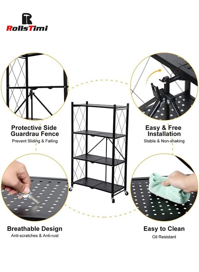 RollsTimi  Black Kitchen Storage Shelf, Folding Rolling Trolley, Living Room Bedroom and Bathroom Organizer Shelf/4 Layers - Image 5