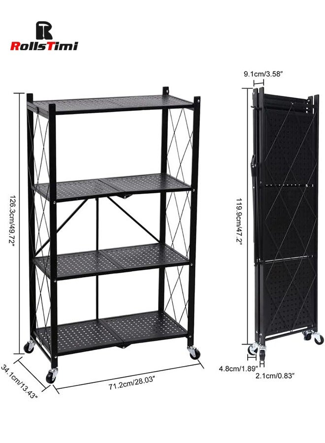 RollsTimi  Black Kitchen Storage Shelf, Folding Rolling Trolley, Living Room Bedroom and Bathroom Organizer Shelf/4 Layers - Image 4