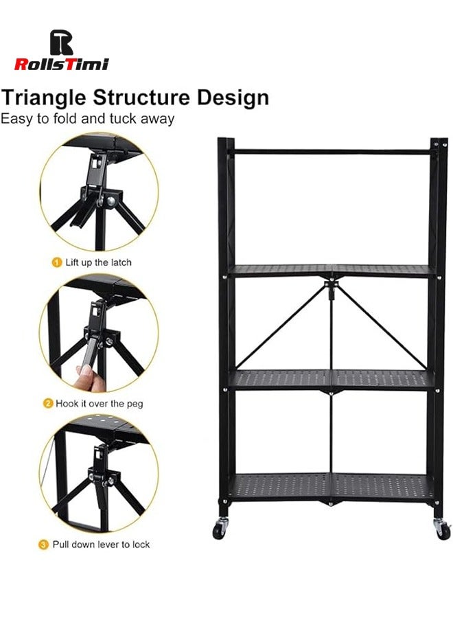 RollsTimi  Black Kitchen Storage Shelf, Folding Rolling Trolley, Living Room Bedroom and Bathroom Organizer Shelf/4 Layers - Image 3
