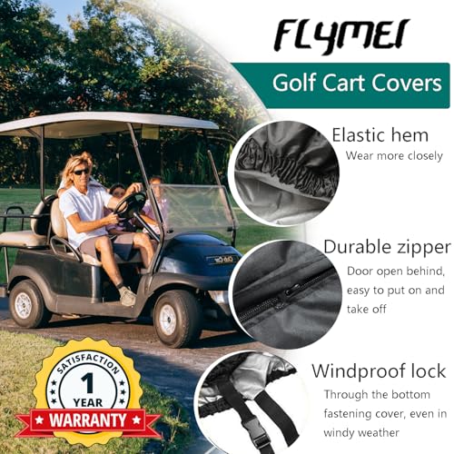 FLYMEI غطاء عربة جولف 4 ركاب من FLYMEI، مقاوم للماء، مقاوم للغبار، أسود، 112 بوصة طول × 48 بوصة عرض × 66 بوصة ارتفاع، يناسب معظم عربات الجولف القياسية 4 ركاب، EZ GO، Club Car، Yamaha - Image 5