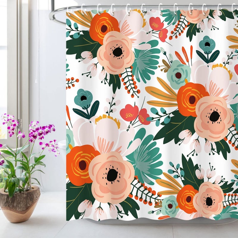 LIVILAN Floral Shower Curtain Bohemian Flowers Shower Curtain Set Colorful Red Pink Orange Blossom Poppy Shower Curtain with Hooks Boho Fabric Decorative Bathroom Curtains Machine Washable 72x84