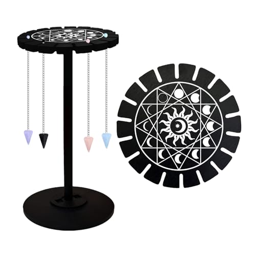 AHANDMAKER Pendulum Display Stand Wooden Pendulum Display Stand Stones Rocks Crystal Pendulum Holder with 18 Slots for Crystals Necklaces Accessories Decoration Spirit Altar Decoration Geometric Moon Phases - Image 1