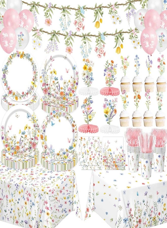 QIYANPAX Wildflower Party Decorations – Plates, Cups, Napkins, Cutlery, Banner, Tablecloth, Balloons, Honeycomb Centerpieces for Spring Floral Baby Shower Birthday Tea Party Decorations, Serves 24 - Image 1