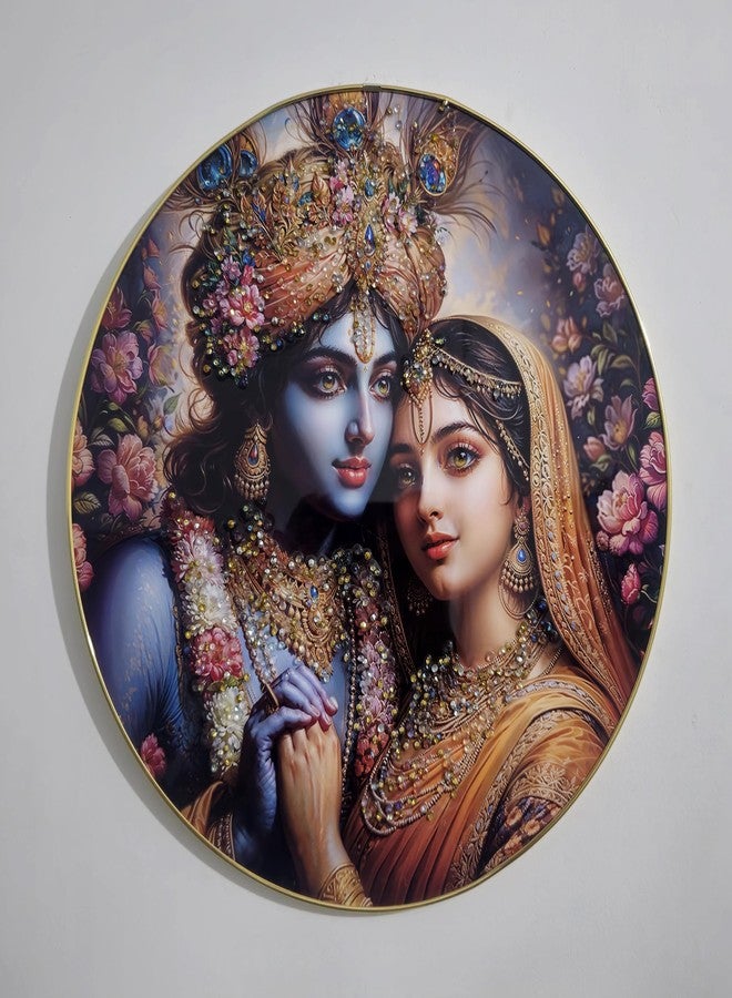 Masstone Premium Radha Krishna Round Wall Art - 16x16 inch Crystal Embellished Painting with Glossy Surface & Golden Strip Frame | Decorative Piece for Living Room - Image 4