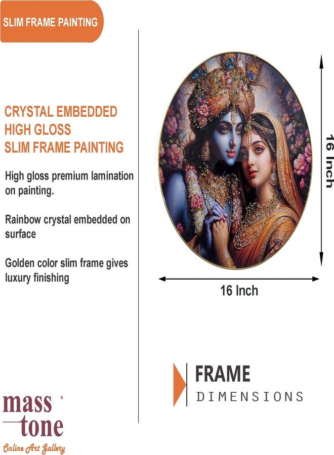 Masstone Premium Radha Krishna Round Wall Art - 16x16 inch Crystal Embellished Painting with Glossy Surface & Golden Strip Frame | Decorative Piece for Living Room - Image 3