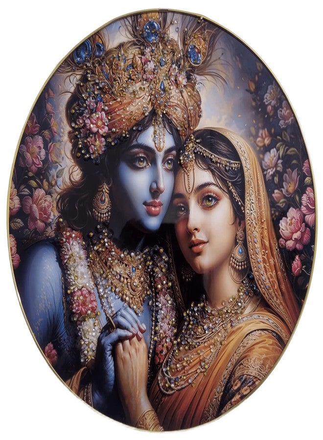 Masstone Premium Radha Krishna Round Wall Art - 16x16 inch Crystal Embellished Painting with Glossy Surface & Golden Strip Frame | Decorative Piece for Living Room - Image 1