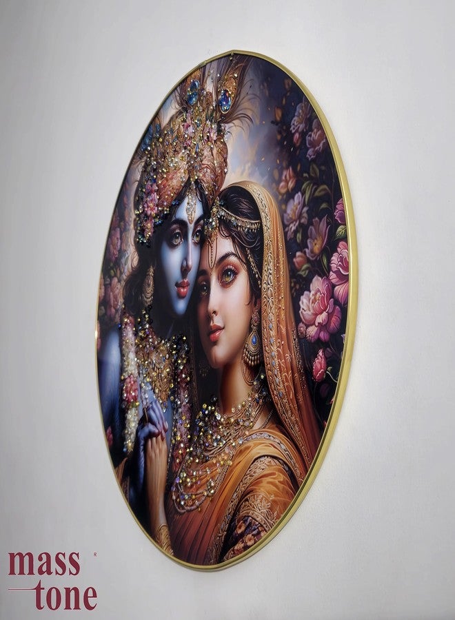 Masstone Premium Radha Krishna Round Wall Art - 16x16 inch Crystal Embellished Painting with Glossy Surface & Golden Strip Frame | Decorative Piece for Living Room - Image 2
