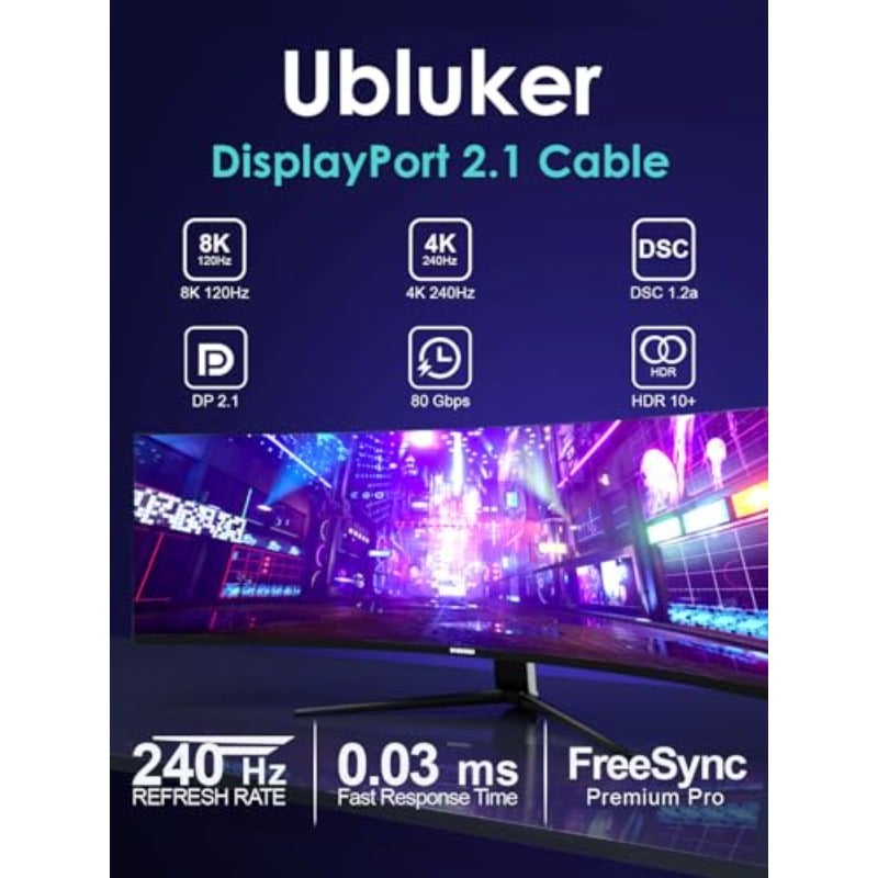 كابل DisplayPort 2.1 بسرعة 80 جيجابت في الثانية، بطول 10 أقدام، معتمد من فيسا، كابل DP إلى DP، دقة 4K، معدل تحديث 540 هرتز، 360 هرتز، 240 هرتز، 120 هرتز، 16K، 8K، معدل نقل بيانات عالي جدًا UHBR20، دعم DSC1.2a، متوافق مع AMD Ryzen 7900X، بطاقة رسومات GeForce RTX5090، لشاشة الكمبيوتر المحمول - Image 3