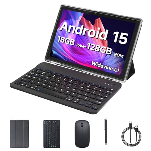 Aheadlink Android 15 Tablet, 10 inch 2 in 1 Tablets with Keyboard, 18GB RAM 128GB ROM 2TB Expand, Quad-Core 2.0Ghz CPU, 5G WiFi 6, BT5.0, 1280x800 HD Touchscreen, 6000mAh, Widevine L1, GMS Tablet, Black - Image 1