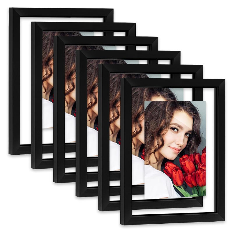 LBECUA Floating Picture Frames Set of 6  8x10 Floating Frame with Double Glass for 4x6  5x7 or Full Display 8x10 Photo  Desktop or Wall Hanging  Black - Image 1