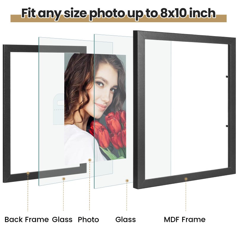 LBECUA Floating Picture Frames Set of 6  8x10 Floating Frame with Double Glass for 4x6  5x7 or Full Display 8x10 Photo  Desktop or Wall Hanging  Black - Image 3
