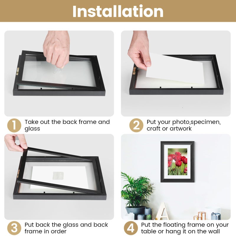 LBECUA Floating Picture Frames Set of 6  8x10 Floating Frame with Double Glass for 4x6  5x7 or Full Display 8x10 Photo  Desktop or Wall Hanging  Black - Image 4