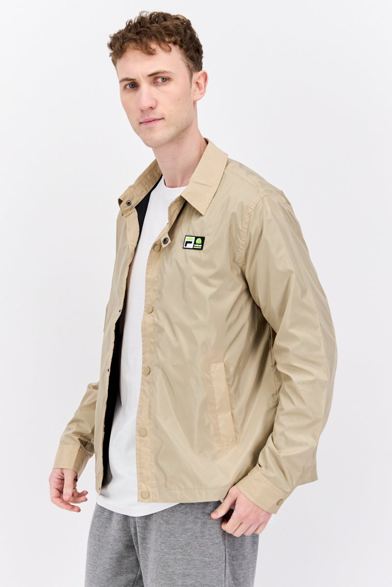 FILA جاكيت رياضي للرجال بأكمام طويلة وفتحة عنق مائلة، لون بني فاتح - Image 3