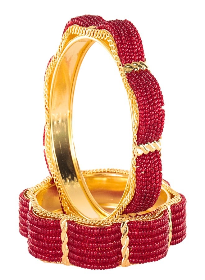 STYOLLO Premium Stunning Looks Kada Set For Women & Girls With Spring Pearls Work | Gold Kangan Set | Beads Bangles | Chudi Set For Girls Stylish | Carve Kada - Set Of 2 (SYL_DC2_19119-Gold-Red-2.6) - Image 1
