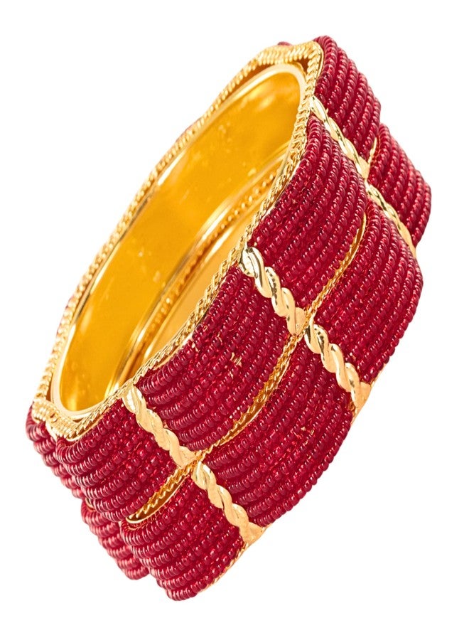 STYOLLO Premium Stunning Looks Kada Set For Women & Girls With Spring Pearls Work | Gold Kangan Set | Beads Bangles | Chudi Set For Girls Stylish | Carve Kada - Set Of 2 (SYL_DC2_19119-Gold-Red-2.6) - Image 2