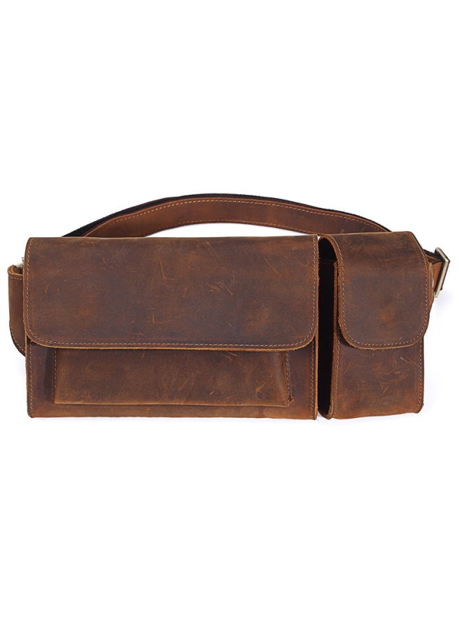 Generic Mingshi Style Top Layer Cowhide Chest Bag Men's Crossbody Bag Genuine Leather Horizontal Shoulder Bag Men's Crazy Horse Leather Waist Bag-Colour:Brown  - Image 1